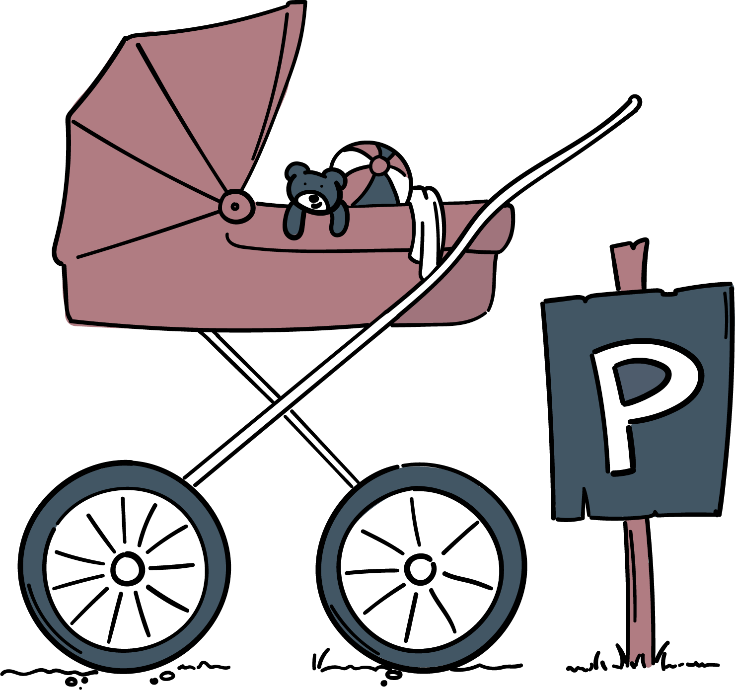 Comic-Zeichnung von Kinderwagen vor Parkplatzschild